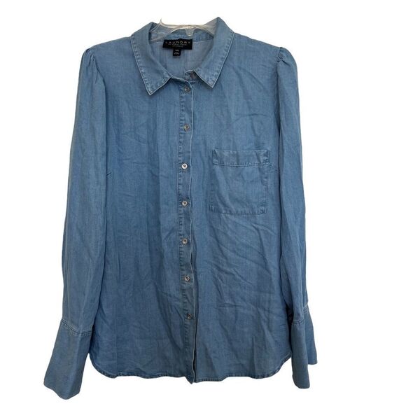 Laundry By Shelli Segal Blue Poet Sleeve Button Down Denim Shirt - Picture 1 of 10